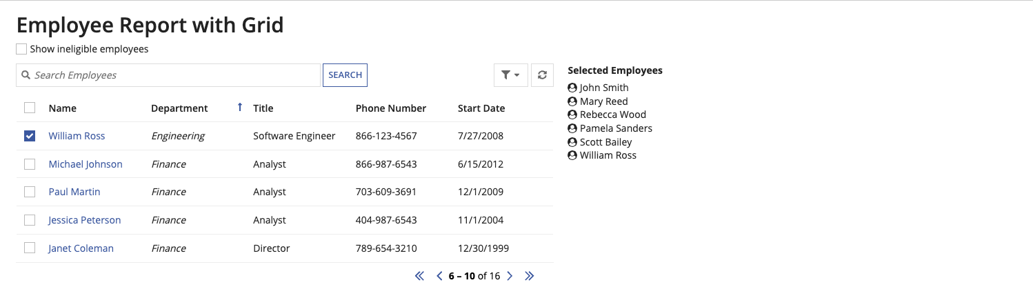 Selected first row in second page of grid