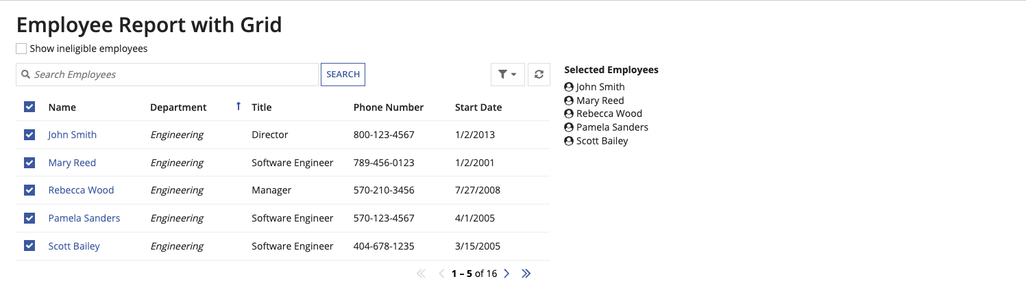 Selected rows in first page of grid